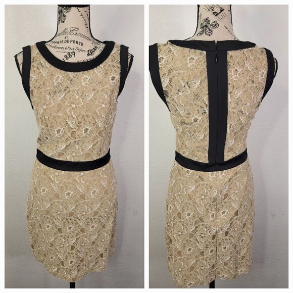 BCBGmaxazria Maddy Mini Dress SZ 2 Bodycon Lace Overlaid Beige Sleeveless - Picture 1 of 11